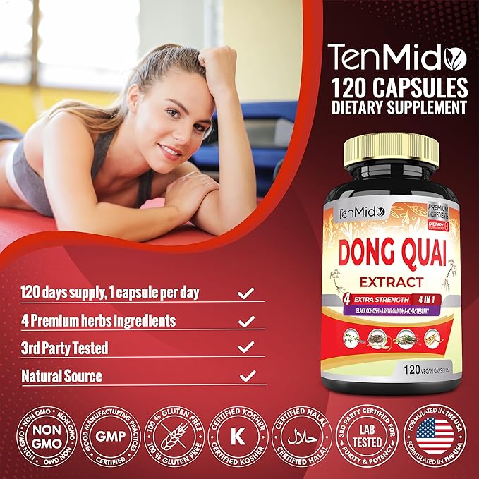 Dong Quai Supplement Extract Capsules, 4 Months Supply with Black Cohosh, Chasteberry, Ashwagandha - 120 Vegan Capsules