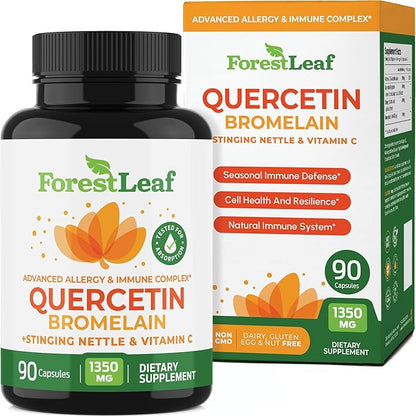 ForestLeaf Quercetin with Bromelain 1350mg - Blend with Vitamin C & Stinging Nettle Supplement, Quercetin 500mg Capsules, Non-GMO Gluten Free, Natural Immune & Respiratory Function, 90 Veggie Caps
