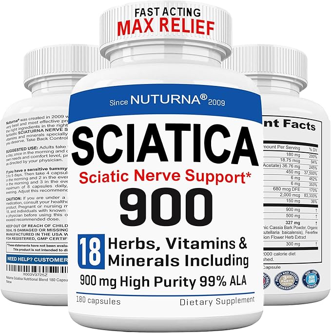 Sciatica Supplement with 900 mg Alpha Lipoic Acid - Maximum Strength Sciatic Nerve Support for Lower Back Legs Feet Hands - 18-in-1 Natural Nerve Vitamins - Made in USA - 180 Capsules