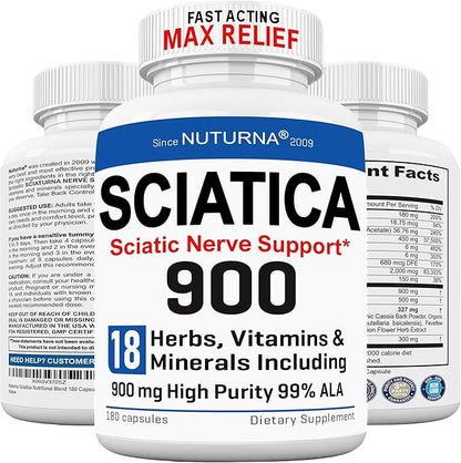 Sciatica Supplement with 900 mg Alpha Lipoic Acid - Maximum Strength Sciatic Nerve Support for Lower Back Legs Feet Hands - 18-in-1 Natural Nerve Vitamins - Made in USA - 180 Capsules