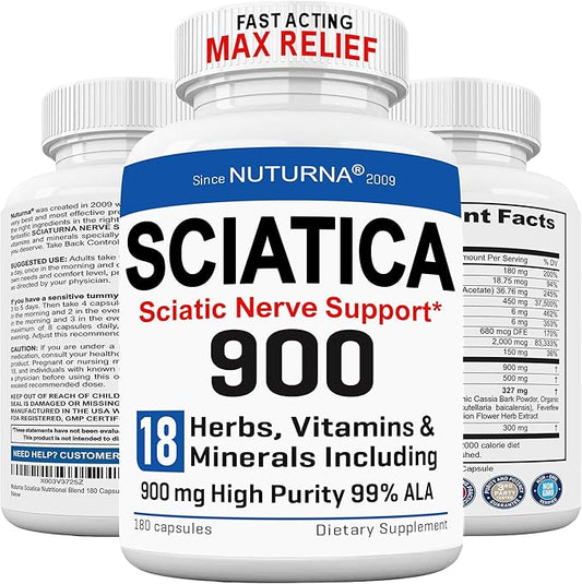 Sciatica Supplement with 900 mg Alpha Lipoic Acid - Maximum Strength Sciatic Nerve Support for Lower Back Legs Feet Hands - 18-in-1 Natural Nerve Vitamins - Made in USA - 180 Capsules