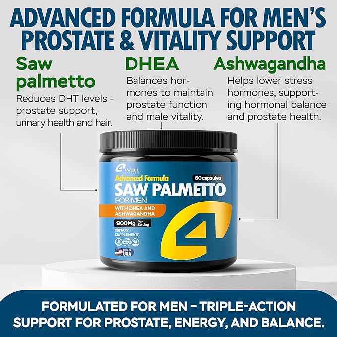 Improved Complex Saw Palmetto for Men & Prostate Health Supplements for Men - Advanced Formula Saw Palmetto Extract w/ DHEA & Ashwagandha 900mg - DHT Blocker for Hair Support - Prostate Supplements