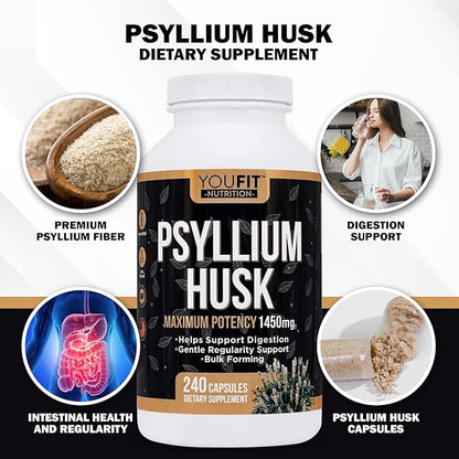 PSYLLIUM Husk Capsules - Premium Psyllium Fiber Supplement - Promotes Intestinal Health and Regularity - 100% Natural Soluble Fiber 1450mg Per Serving - 240 Capsules