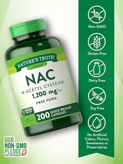 Nature's Truth NAC N-Acetyl Cysteine | 1,200mg | 200 Capsules | Free Form Amino Acid | Non-GMO & Gluten Free Supplement