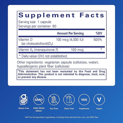 Pure Encapsulations Vitamin D3 & K2 | Bone and Vascular Health Support | 60 Capsules*