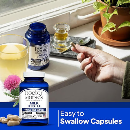 Doctor Morse Milk Thistle Supplement 25:1 Extract 600mg Equivalent to 15000mg, Liver Detox Support 4:1 Extract 300mg Equivalent to 1200mg Dandelion Root - FDA Certified Ultra Potent Formula - 60 Caps