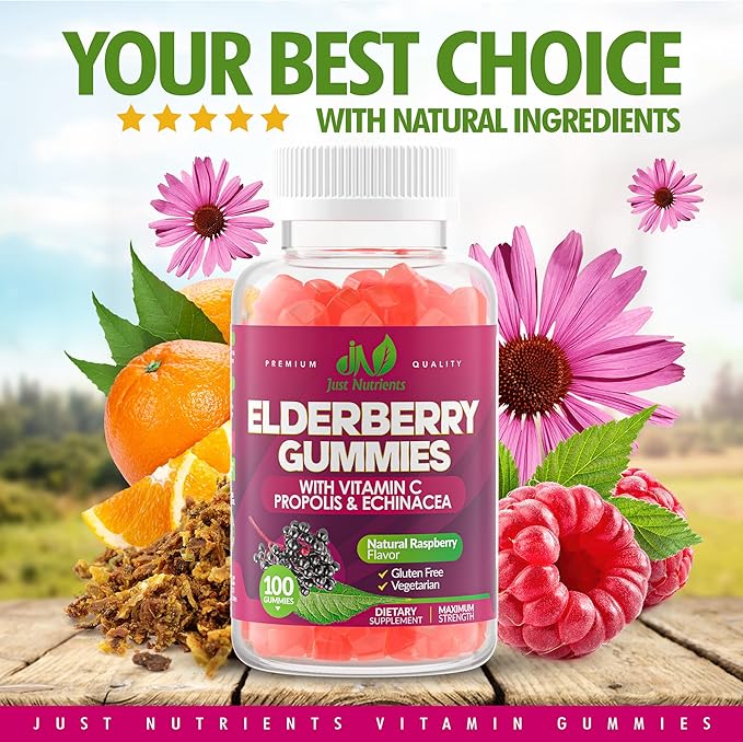 Elderberry Gummies with Vitamin C, Echinacea, Propolis (100 count) - Immune Support for Adults & Kids - Maximum Strength, Great Tasting Raspberry Flavor - Gluten-Free, Vegan - 100 Gummies