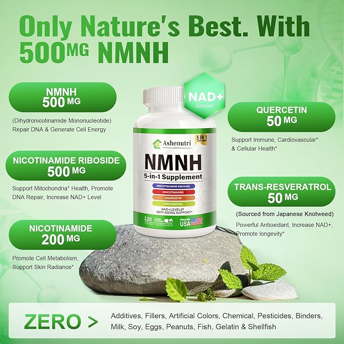 NMNH (Dihydronicotinamide Mononucleotide), NMN Alternative Supplement w/Niacinamide (Vitamin B3), Quercetin, Trans-Resveratrol, Support NAD+, Skin Cell Health*, Anti-Aging & Energy, 120 Caps