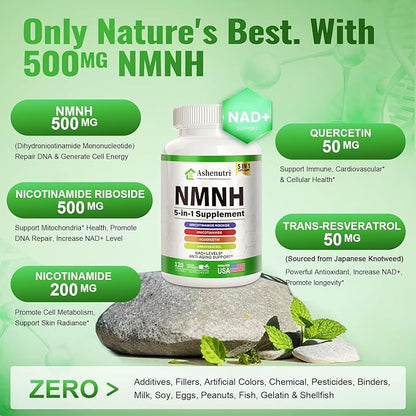 NMNH (Dihydronicotinamide Mononucleotide), NMN Alternative Supplement w/Niacinamide (Vitamin B3), Quercetin, Trans-Resveratrol, Support NAD+, Skin Cell Health*, Anti-Aging & Energy, 120 Caps
