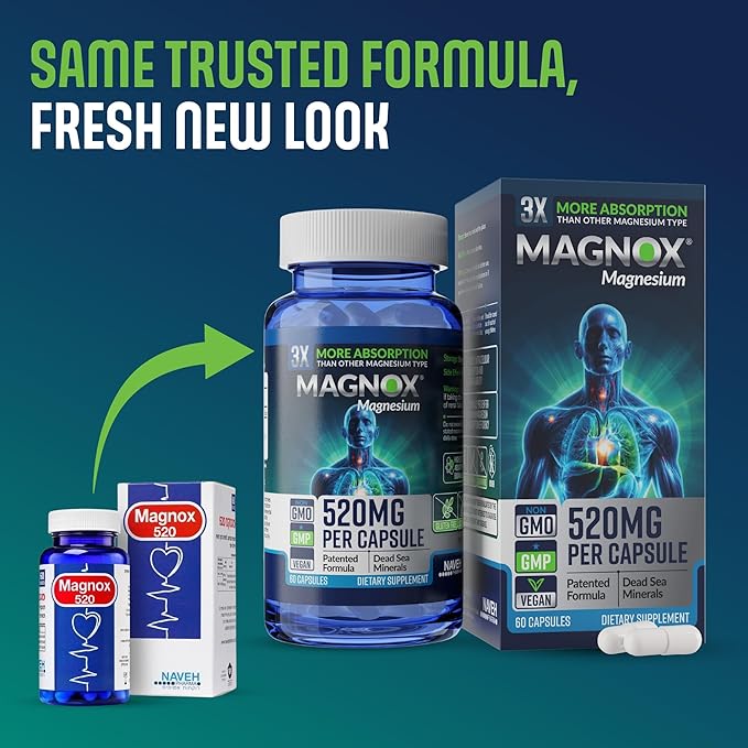 MAGNOX® 520 | Magnesium Supplement 520mg of High Absorption Magnesium for Men & Women with Dead Sea Minerals | 3X More Absorption | Patented Formula | Fast Sleep & Muscle Pain Relief (60 Vegan Caps)