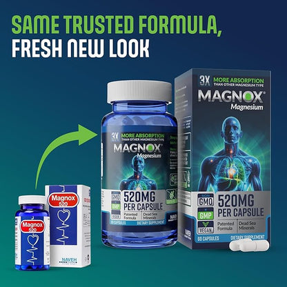 MAGNOX® 520 | Magnesium Supplement 520mg of High Absorption Magnesium for Men & Women with Dead Sea Minerals | 3X More Absorption | Patented Formula | Fast Sleep & Muscle Pain Relief (60 Vegan Caps)