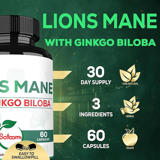 Lions Mane with Ginkgo Biloba Supplement - 60 Capsules - Extra Strength for Restful Mind, Brain Health, Immune System & Focus - Gluten-Free, Non-GMO