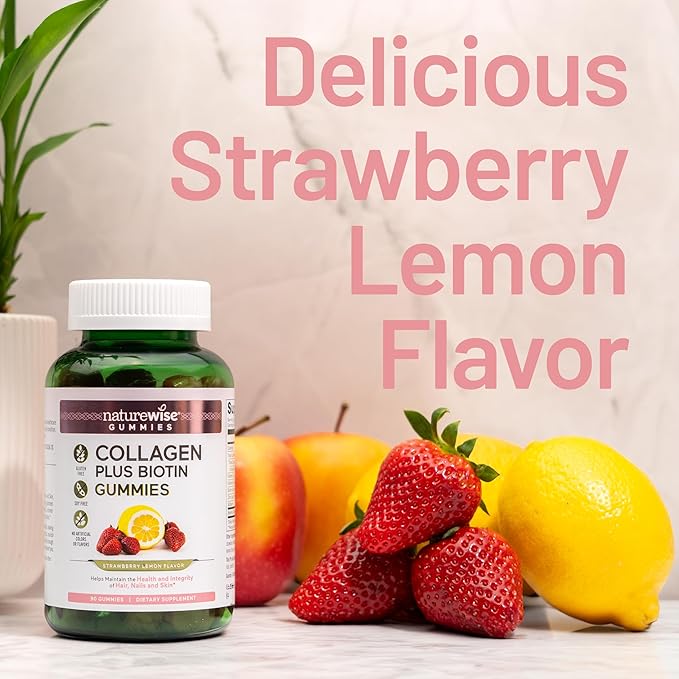 NatureWise Collagen Gummies - Hydrolyzed Collagen Gummies - Type 1 & 3 Peptides for Women + Biotin, Vitamin C, E, & Zinc for Hair Skin and Nails Support - 90 Count[45-Day Supply]