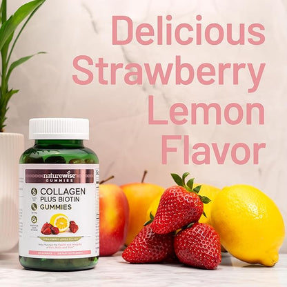 NatureWise Collagen Gummies - Hydrolyzed Collagen Gummies - Type 1 & 3 Peptides for Women + Biotin, Vitamin C, E, & Zinc for Hair Skin and Nails Support - 90 Count[45-Day Supply]