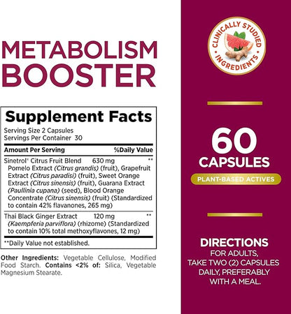 Nature's Bounty Optimal Solutions Metabolism Booster Supplement, Boosts Fat Metabolism, Promotes Abdominal Fat Loss, With Citrus Extracts and Black Ginger, 60 Capsules