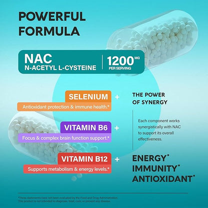 NAC Supplement | Selenium | B6 | B12 - Antioxidant, Immune Support - N Acetyl Cysteine 600 mg per Capsule, 1200 mg per Serving - Made in USA - Non-GMO, Gluten-Free, Vegan - 180 Caps, 3 Month Supply