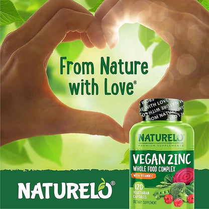NATURELO Vegan Zinc Immune Support Capsules - Whole Food Complex with Vitamin C for Healthy Skin, Hair, and Nails - 120 Capsules (Pack of 2)