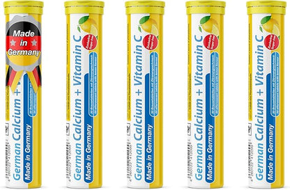 German Calcium + VIT. C - 100 Vegan Drink Effervescent Tablets - Lemon Lime Flavor - Made in Germany