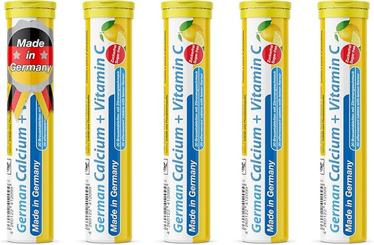 German Calcium + VIT. C - 100 Vegan Drink Effervescent Tablets - Lemon Lime Flavor - Made in Germany