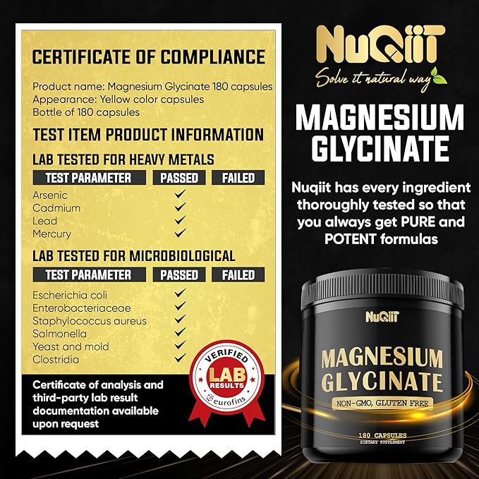 Magnesium Glycinate 500mg with 18% Pure Elemental Magnesium Compound Supplement - 180 Capsules - Powerful Benefits for Support Bone Health, Muscle Growth, Comfortable Mood & Heart Health
