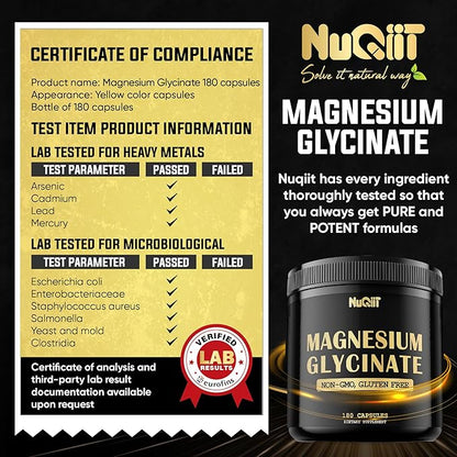 Magnesium Glycinate 500mg with 18% Pure Elemental Magnesium Compound Supplement - 180 Capsules - Powerful Benefits for Support Bone Health, Muscle Growth, Comfortable Mood & Heart Health