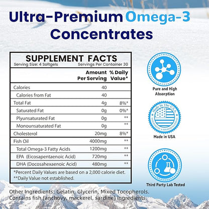 Fish Oil Omega 3 （4000mg）, 120 Softgels，Omega 3 Fatty Acid Supplements with EPA & DHA for Brain & Heart Health*