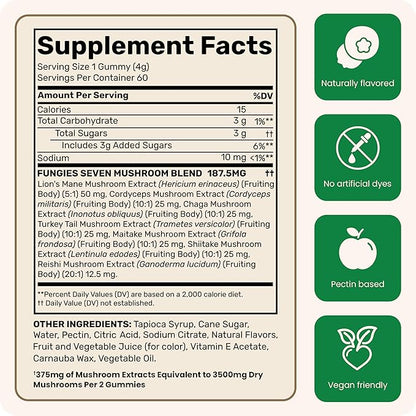 Fungies Multi Mushroom Gummies for Men & Women - Mushroom Supplement Includes Lion’s Mane, Cordyceps, Reishi, Chaga, Shiitake, Maitake & Turkey Tail - Gelatin-Free, Gluten-Free & Vegan Gummy Vitamins