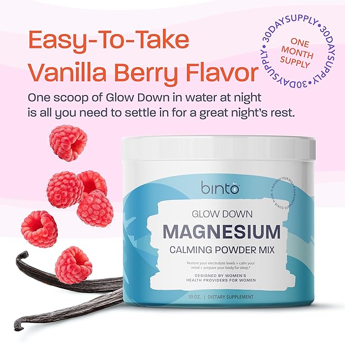 Binto Glow Down - Sleep Better & De-Stress with Our Berry Vanilla Magnesium Drink Mix, Made in USA, Sugar-Free, Preservative-Free, Gluten-Free Drink Mix (60 Day Supply)