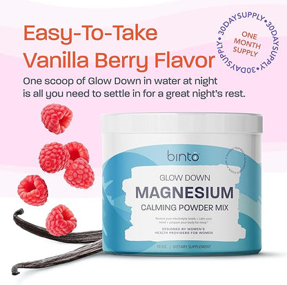 Binto Glow Down - Sleep Better & De-Stress with Our Berry Vanilla Magnesium Drink Mix, Made in USA, Sugar-Free, Preservative-Free, Gluten-Free Drink Mix (60 Day Supply)