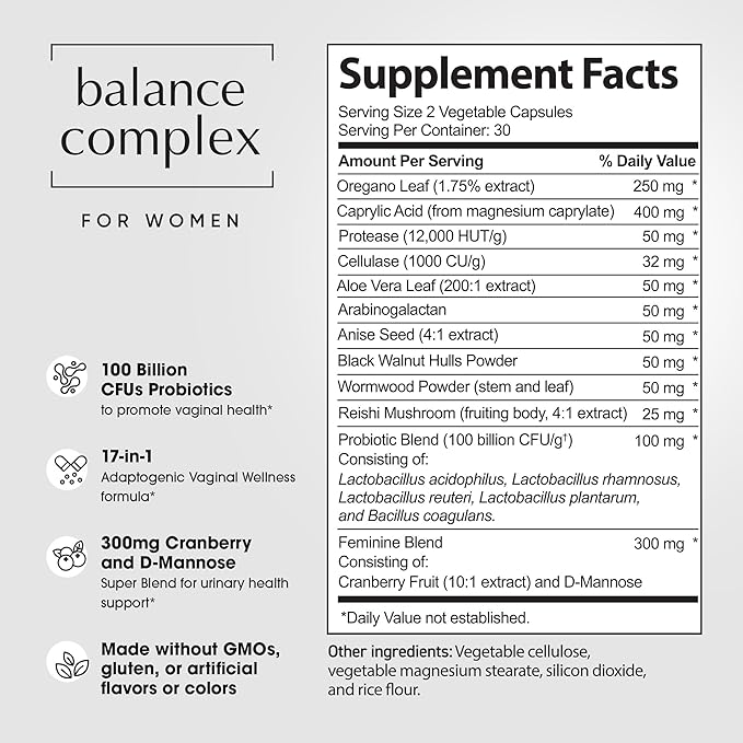 Balance Complex 17-in-1 Vaginal Health 100 Billion Probiotics for Women pH Balance with Cranberry & D-Mannose | Promote Urinary Tract Health for Vaginal Odor & Vaginal Flora, 60 Capsules