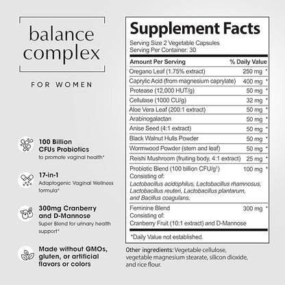Balance Complex 17-in-1 Vaginal Health 100 Billion Probiotics for Women pH Balance with Cranberry & D-Mannose | Promote Urinary Tract Health for Vaginal Odor & Vaginal Flora, 60 Capsules
