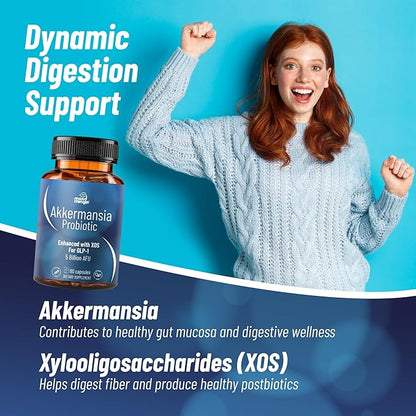 Akkermansia Muciniphila GLP-1 Probiotic Supplements - with XOS 5B AFU Vitamin B2 B6 B12 D3 Niacin Pantothenic Acid Increases GLP1 Production - Vegan Gluten-Free Capsules for Men Women (1 Pack)