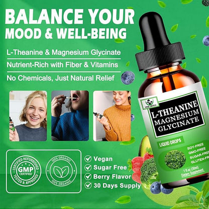 L Theanine Drops, Liquid L-Theanine Supplement 200mg w/Magnesium Glycinate,Vitamins,Fiber for Relaxation,Sleep,Digestion, Calm,High Absorption Mood Support for Adults & Kids,Plant Based,Non-GMO