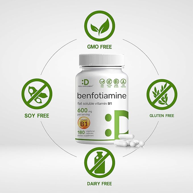 Benfotiamine 600mg Per Serving, 180 Veggie Capsules (300mg Per Cap) – Fat Soluble Vitamin B1 Thiamine Supplement – 3rd Party Tested, Vegan, Non-GMO, Gluten Free