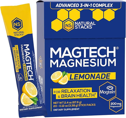 MagTech Magnesium Drink Mix Lemonade - 3 Forms of Magnesium: Magtein L-Threonate, Glycinate & Taurate - 200mg Chelated Magnesium Complex - Supports Relaxation & Brain Health* - 20 Stick Packs