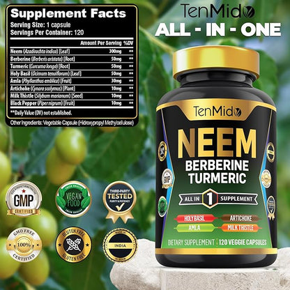 Neem Leaf Supplement - 8in1 Formula - Combine with Berberine, Turmeric, Holy Basil, Amla, Artichoke, Milk Thistle, and Black Pepper - Immune Support - 120 Capsules for 4 Months Supply