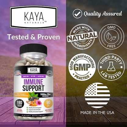 Kaya Naturals Elderberry Immune Support with Zinc and Vitamin C for Adults, Probiotics & Turmeric 1000mg Immune System Booster Sambucus Elderberry Capsules - 180 Count