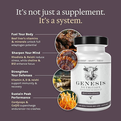 Enhanced Grass Fed Beef Liver with Reishi & Cordyceps Mushroom, Ginseng, Rhodiola - 4500mg Energy Production, Immune Support, Stress Relief, Total Body Wellness