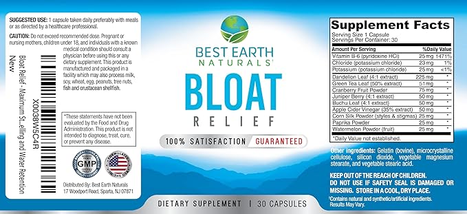 Best Earth Naturals Bloat Relief - Water Supplement with Dandelion, Green Tea, Cranberry, Apple Cider Vinegar & More 30 Count