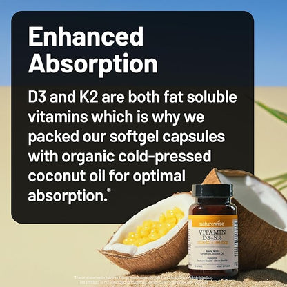 NatureWise Vitamin D3 5000IU + K2 (MK7) 100mcg with Organic Extra Virgin Coconut Oil - Supports Calcium Absorption, Bone & Immune Health - Non-GMO, Soy & Gluten-Free - 90 Softgels[90-Day Supply]