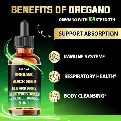5in1 Oregano Oil Liquid Drops with Black Seed, Elderberry, Garlic, Olive Leaf - Immune Support Supplement - 2 Fl Oz