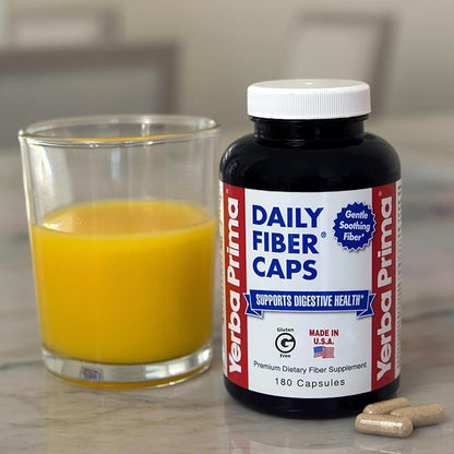 Yerba Prima Daily Fiber Caps - 180 Capsules - Soluble & Insoluble Dietary Fiber Supplement - Colon Cleanse - Gut Health - Vegan, Non-GMO, Gluten-Free