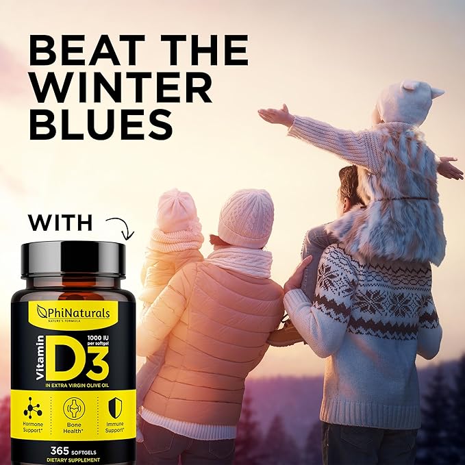 PhiNaturals Vitamin D3 1000iu Softgels Supplement Olive Oil Base 365 Gel Caps One Year Supply of VIT D, Vitamina D 3 1000 iu