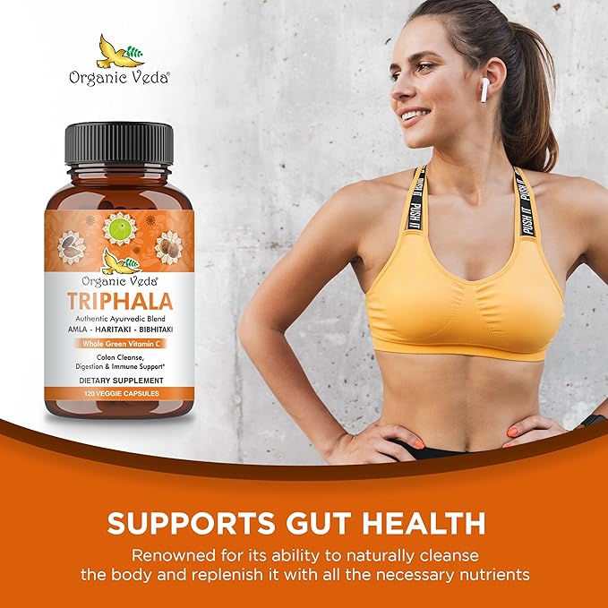 Organic Veda Triphala Capsules - Ultra Concentrated Amla Extract Organic Triphala Supplement with Natural Vitamin C - for Colon Cleanse, Skin Radiance, Immunity & Digestion - 120 Vegan Pills