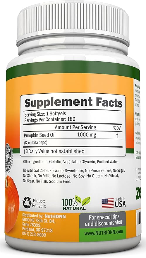Pumpkin Seed Oil - 1000MG - 180 Softgels - Cold-Pressed Natural Pumpkin Seed Oil - Natural Source of Essential Fatty Acids - Great for Hair Growth, Prostate Health and GI Tract