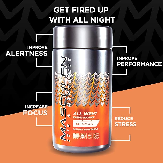 All Night Energy Supplements for Men | Energy Booster to Support Extra Energy & Fine-Tuned Focus When Your Energy Drops | Plant-Based and All-Natural | 60 Supplement Capsules One Month Supply