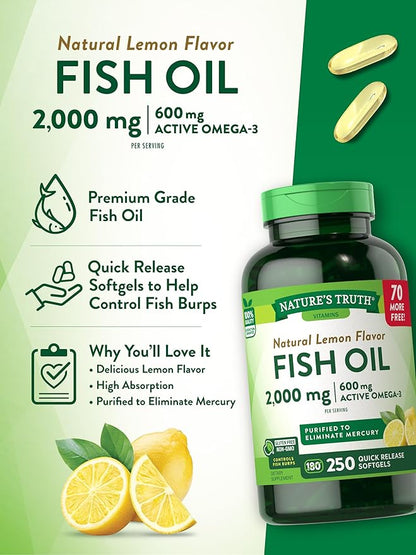 Nature's Truth Fish Oil 2000 mg | 600 mg Omega 3 | 250 Softgels | Natural Lemon Flavor | Non-GMO and Gluten Free Supplement