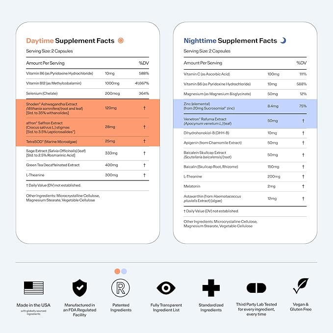 Stasis Day & Night Set - Energy & Focus Supplements + Calm & Sleep Capsules to Pair with Your Stimulant - Promote Natural Energy Without Jitters & Harness Magnesium for Sleep (25 Servings)