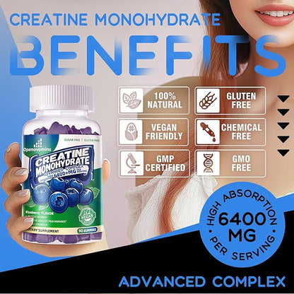 Creatine Monohydrate Gummies Complex for Men & Women -Advanced Formula W/L-Taurine + Vitamin B12, Sugar Free Chewable Supplement,90 Blueberry Gummies
