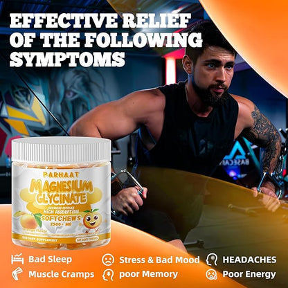 Magnesium Glycinate Soft Chews, Orange Flavor.Chewable Sugar Free Potassium Magnesium Chews with Magnesium Glycinate, Vitamin D, B6, and CoQ10 for Calm Support & Sleep for Adults, 60 Days Supply
